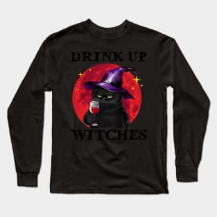 Cat Wine Drink Up Witches Long Sleeve T-Shirt